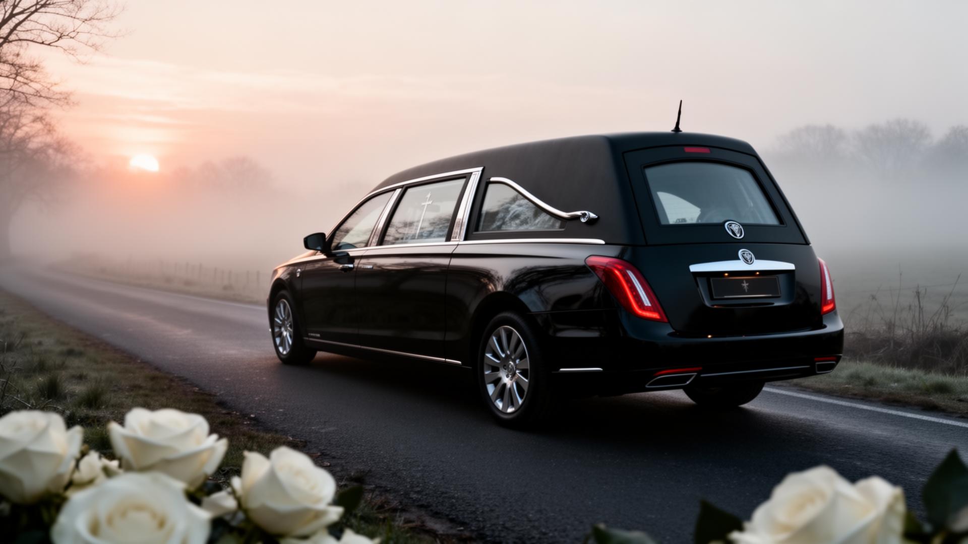 Carro funerário em estrada ao amanhecer