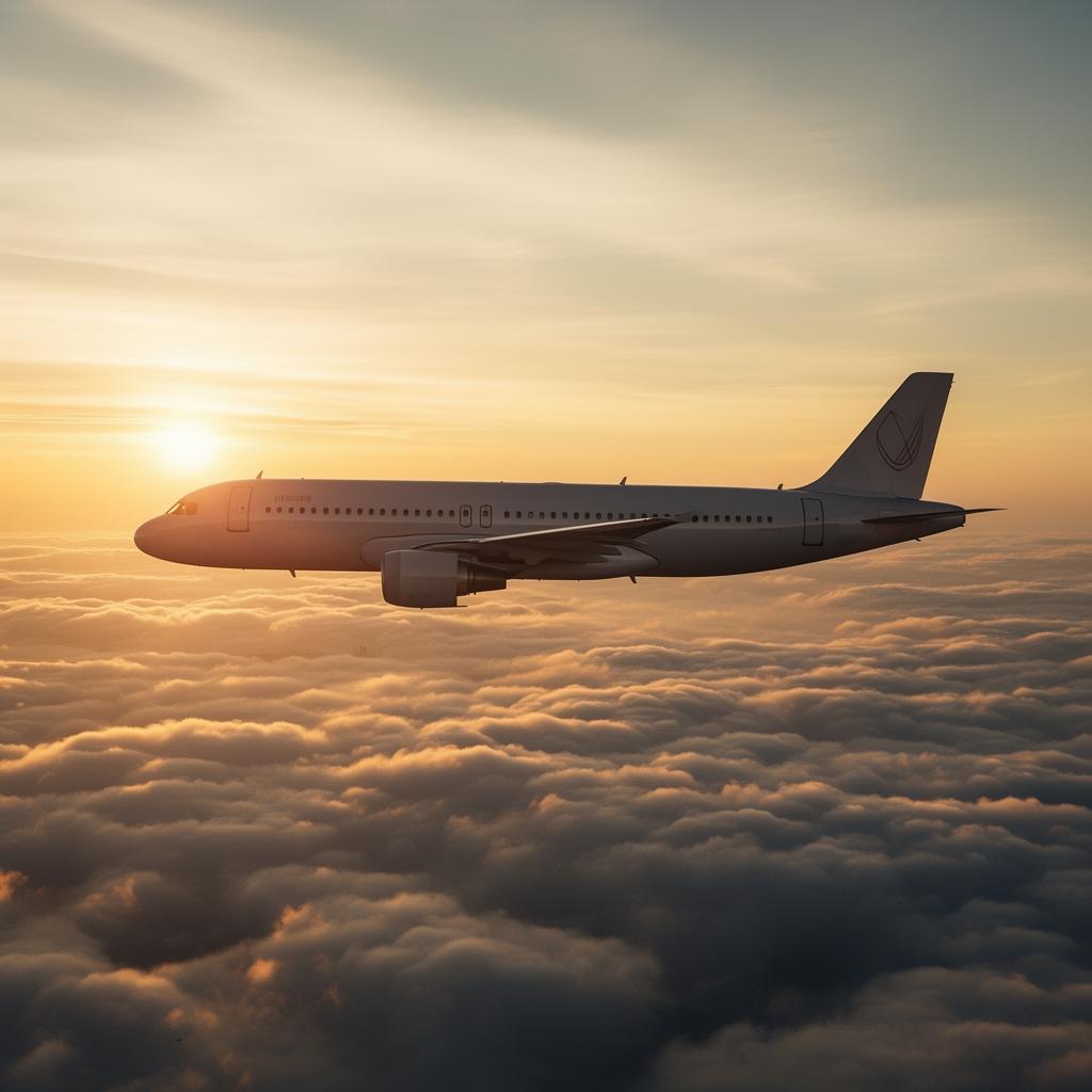 Avião comercial em voo ao pôr do sol